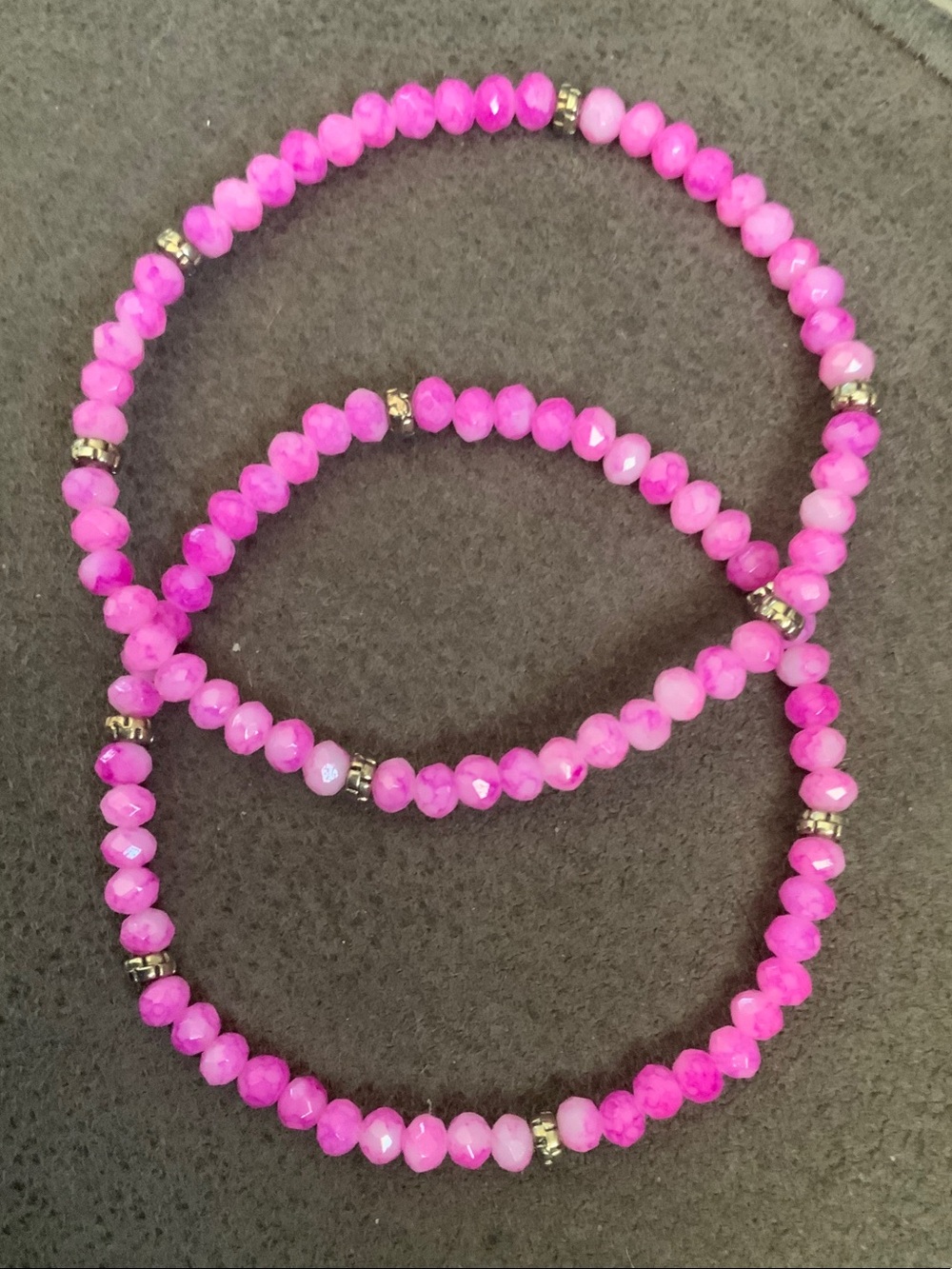 Bright Pink Faceted Bead Stretch Bracelet Set with Gold Accents - Women Jewelry